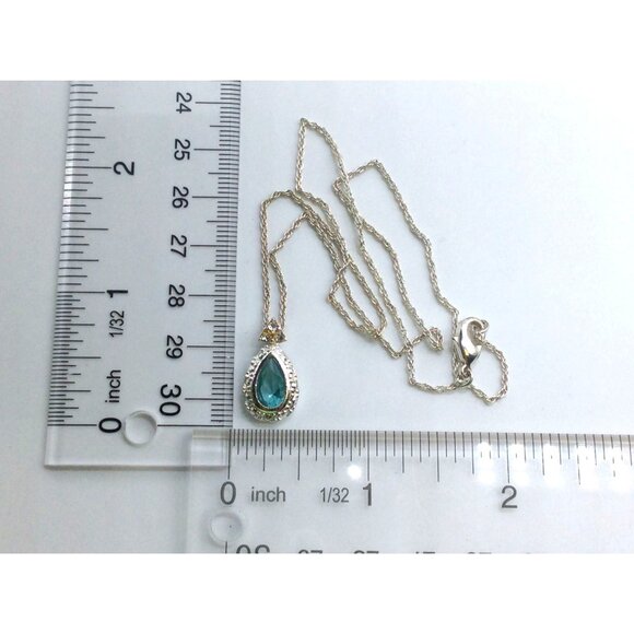 Vintage Style Silver Tone Necklace With Teardrop Blue Gemstone Pendant & Crystal - Picture 4 of 5